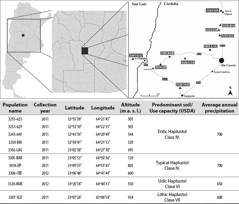 Map showing the collection sites of Festuca arundinacea naturalized in the semi-arid sub-humid central region of Argentina (top) and geographic, edaphic, and climatic information of the collection points (bottom).