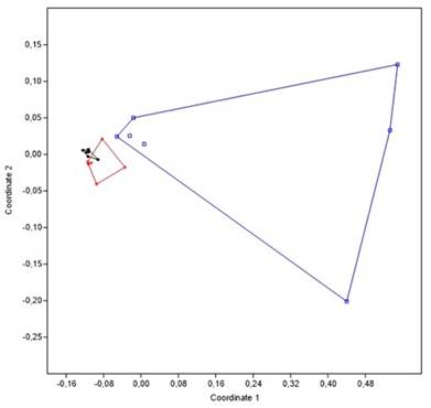 Multivariate PCA of the metabolic structures of the microbial communities present in three commercial biofertilizers (Biofert A-C). Profiles were obtained for each sample by CLPP using EcoPlate™ (BioLog®). Biofert A is indicated with black circles, Biofert B with red circles, and Biofert C with blue circles.